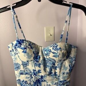 Floral Strapless Dress in Blue and White